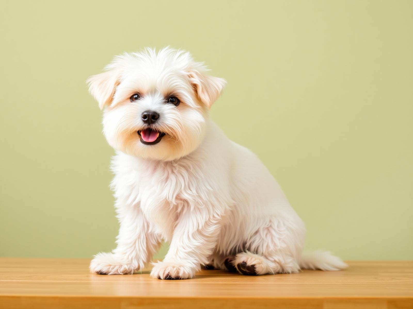 Cagnolino bianco appena toelettato, pulito e felice